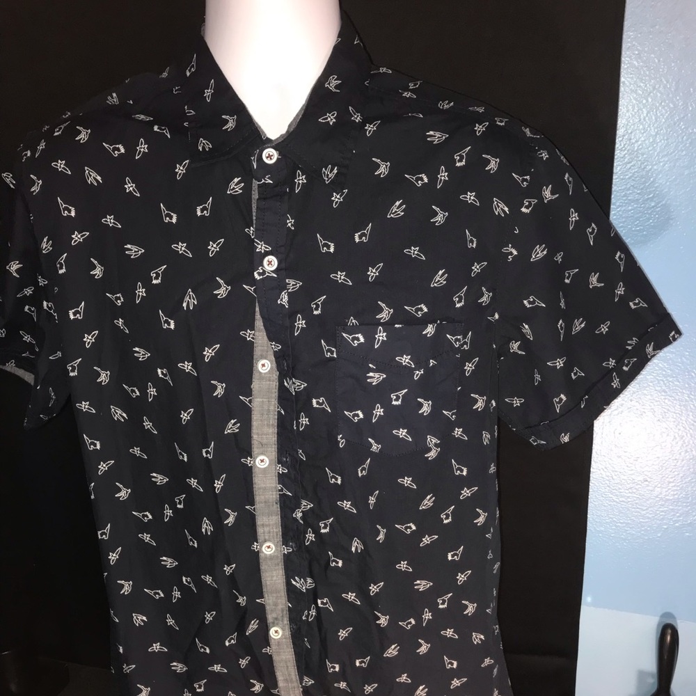 Button up navy blue with sparrows on shirt